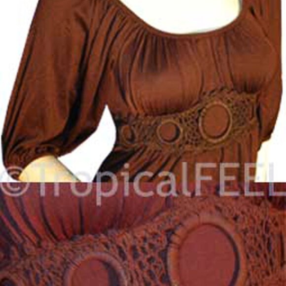 New Y2K Womens Tunic Top Blouse S Empire Waist Square Neck Boho Princess Brown - Picture 3 of 6